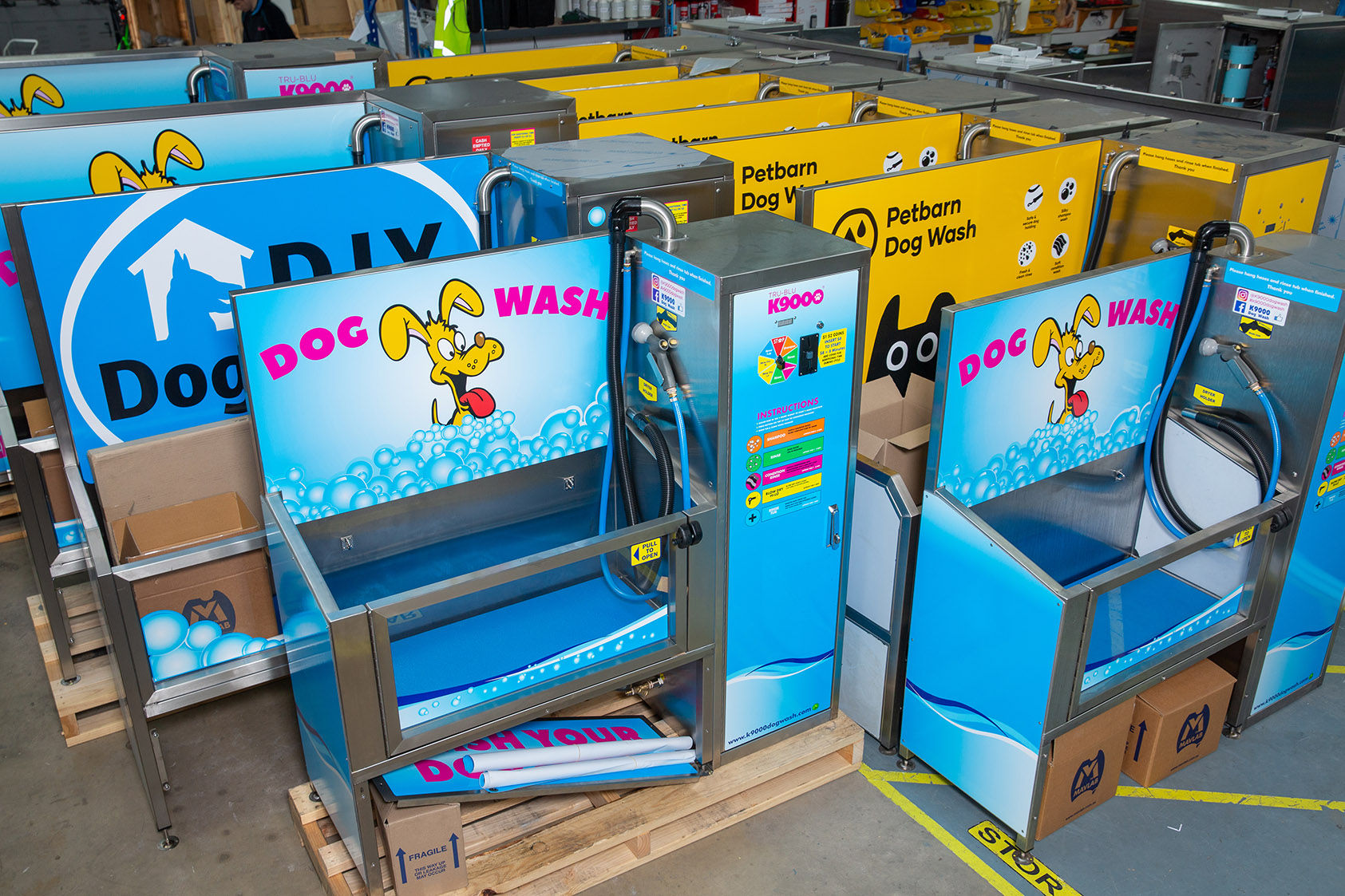 Warehouse with newly made K9000 dog wash machines